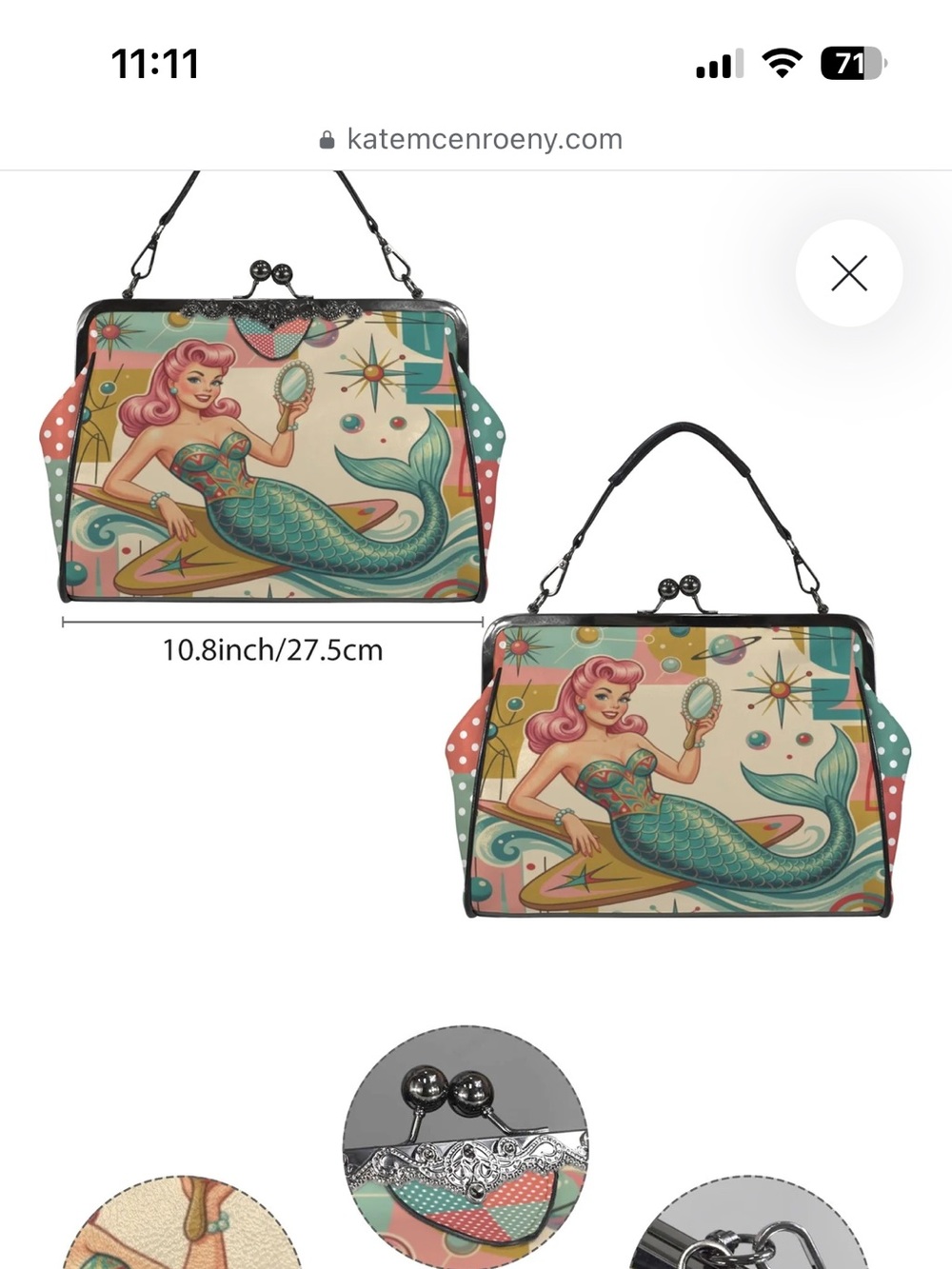 Retro Mermaid Print Shoulder Bag and Matching Wallet
